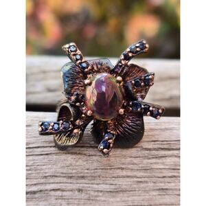 Sterling Silver Modernist Lab Created Black Fire Opal Sapphire Flower Ring 7.75